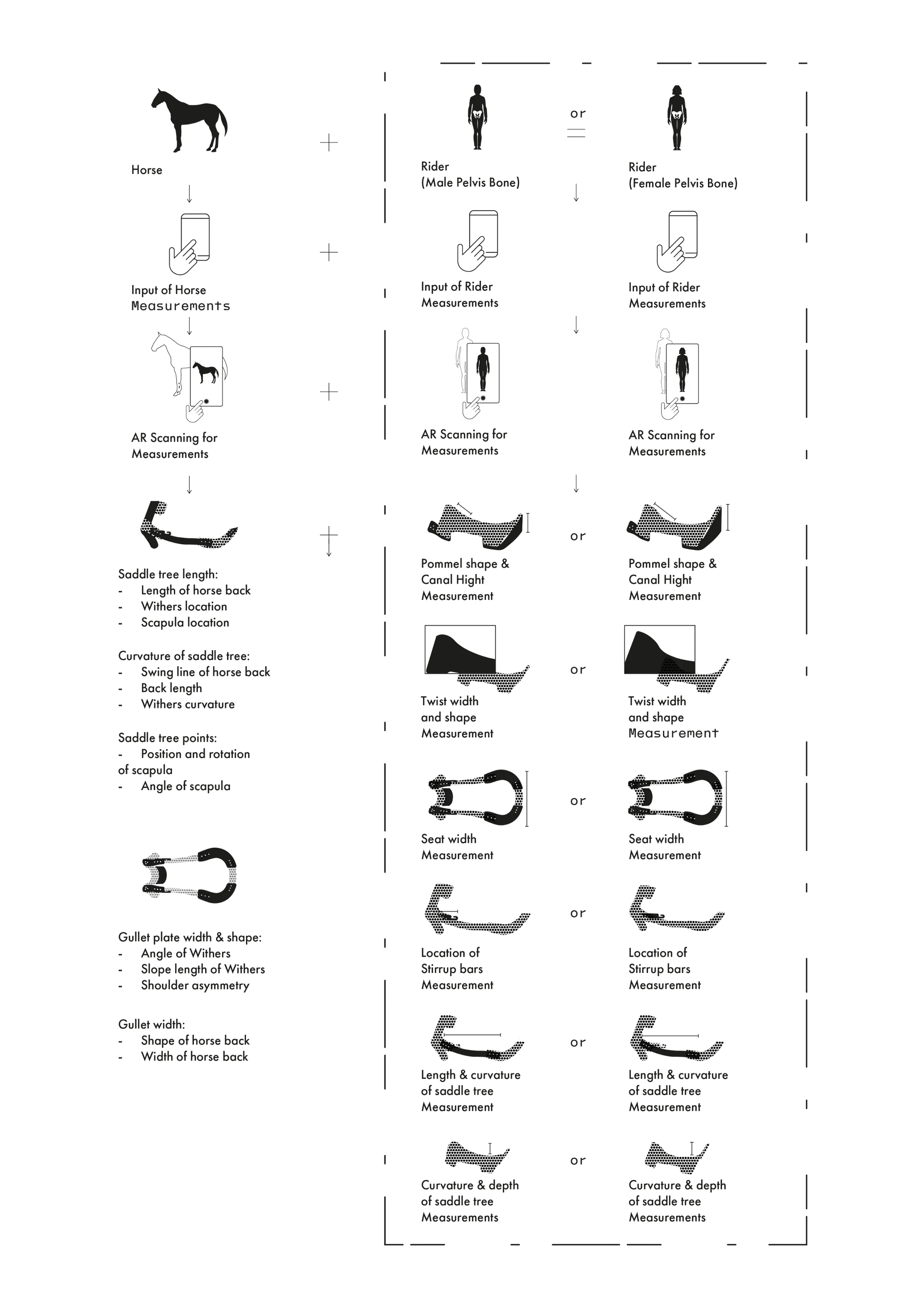 Technical measurement diagram in three columns, for the horse, the rider with a male pelvis bone and the rider with a female pelvis bone: from the input of measurements and AR scanning down to the saddle tree parts that each measurement shapes.