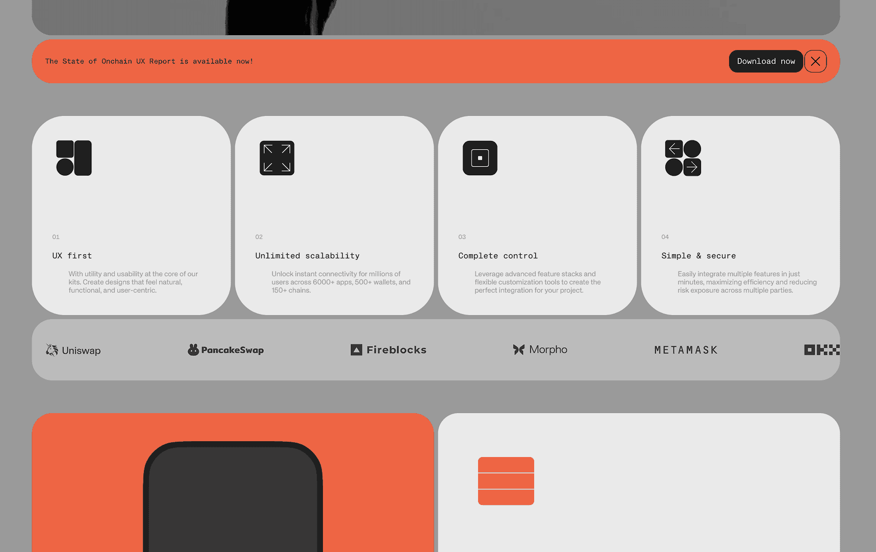 Moodboard reference: a light grey interface with an orange banner, four rounded feature cards with icons, a row of company logos and an orange panel.