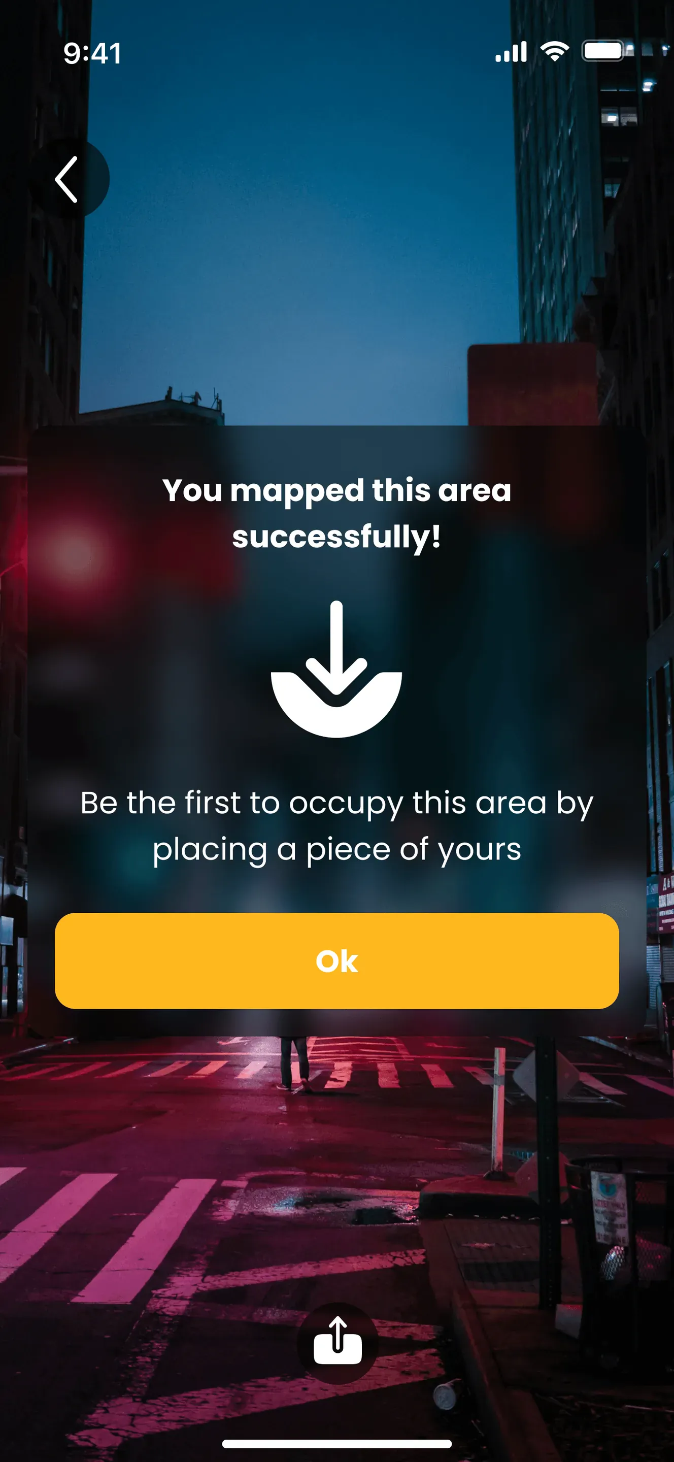 AR camera view with a dialog: You mapped this area successfully! Be the first to occupy this area by placing a piece of yours. A yellow button reads Ok.
