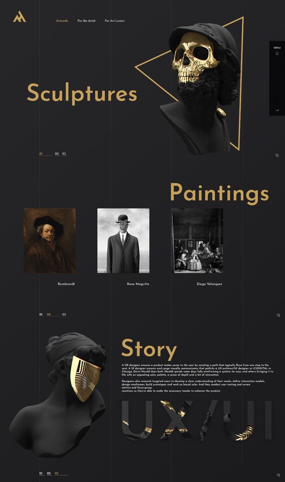Moodboard reference: a dark web page with gold headings Sculptures, Paintings and Story next to black busts with gold details.