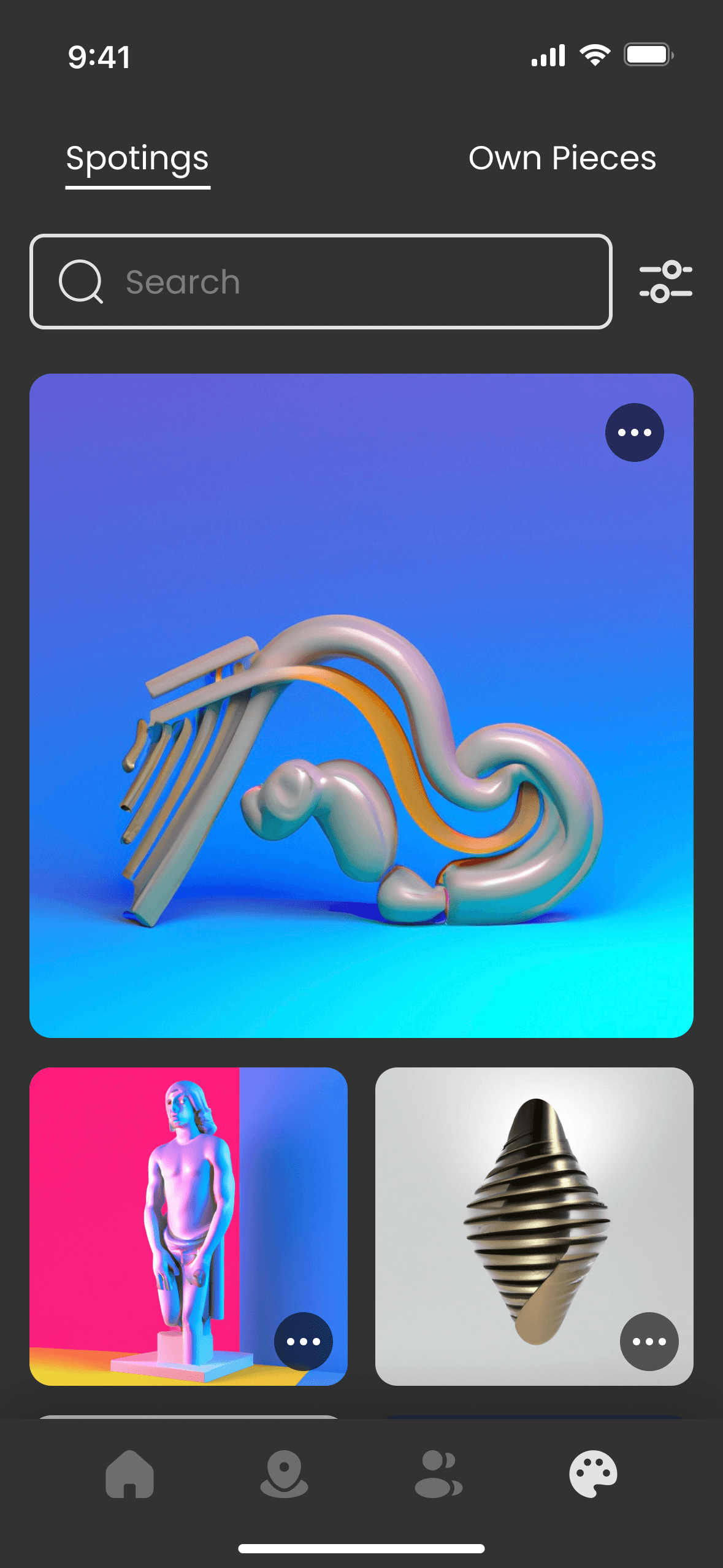 Collection screen, tab Spotings: a large tile with a blue and orange 3D shape and two smaller tiles with a pink statue and a dark ribbed sculpture.