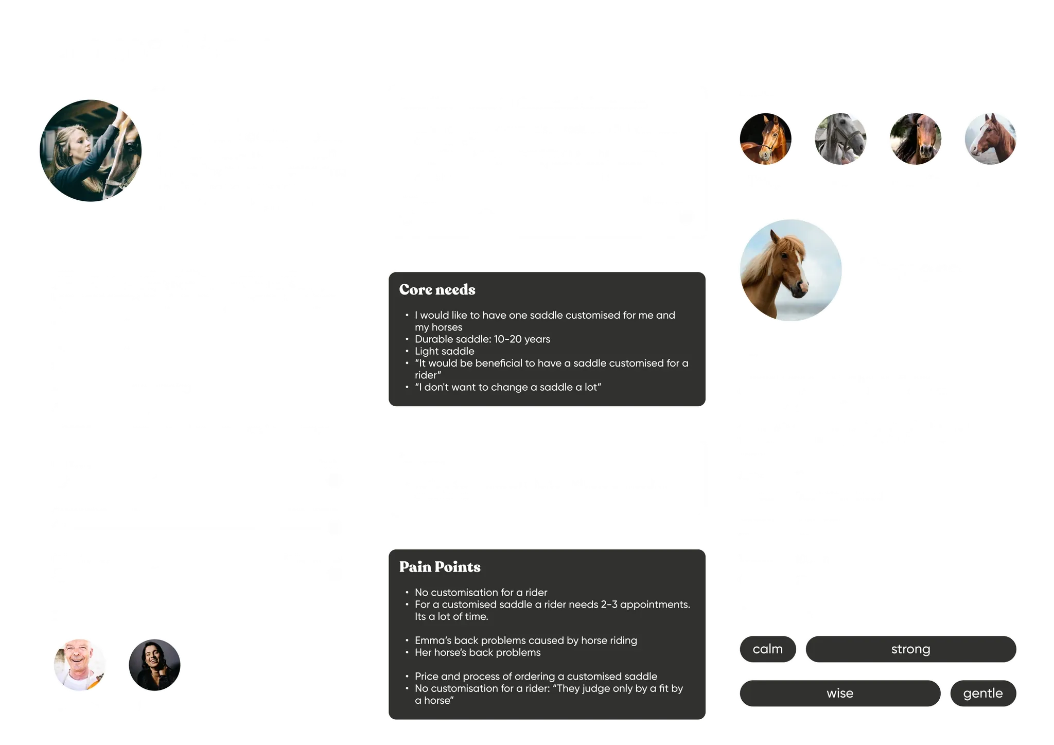 Persona sheet Emma Meir: portrait, a quote about wishing customised saddles were more affordable, bio, sliders, core needs, motivation and pain points, next to the profile of her horse Tomara.