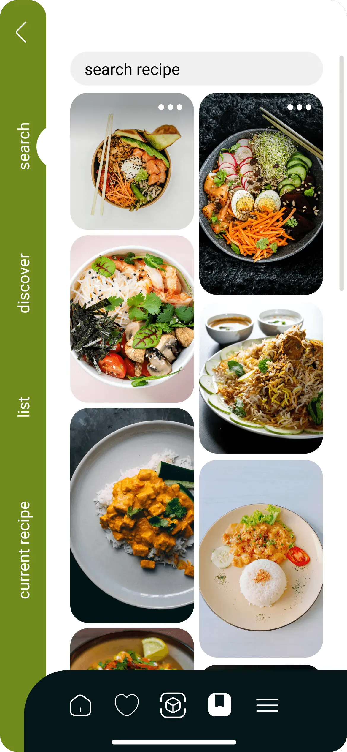 Search recipe screen: a search field above two columns of food photos with rounded corners, bowls and plates seen from above. An olive green rail on the left edge reads search, discover, list and current recipe, with a round notch at search.