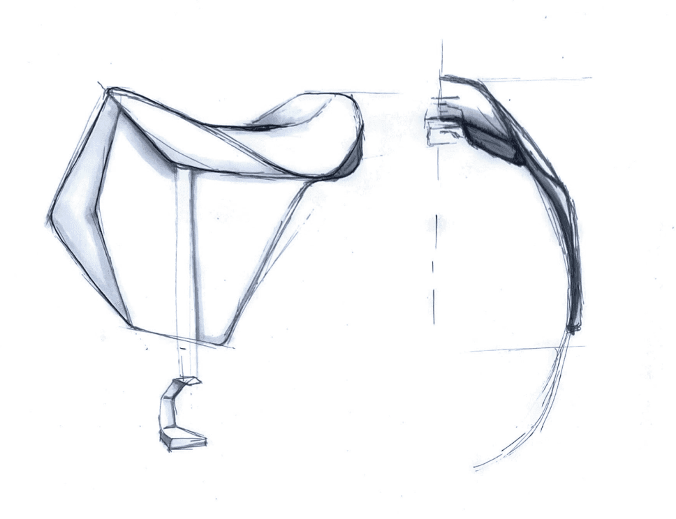 Ink and marker sketch of a saddle tree seen from the side, with a second view of its curved profile.