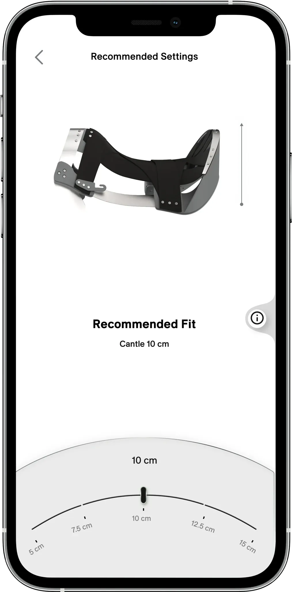 App screen in a phone frame, Recommended Settings: a render of the saddle tree, the label Recommended Fit, Cantle 10 cm, and a curved scale from 5 cm to 15 cm with the handle on 10 cm.