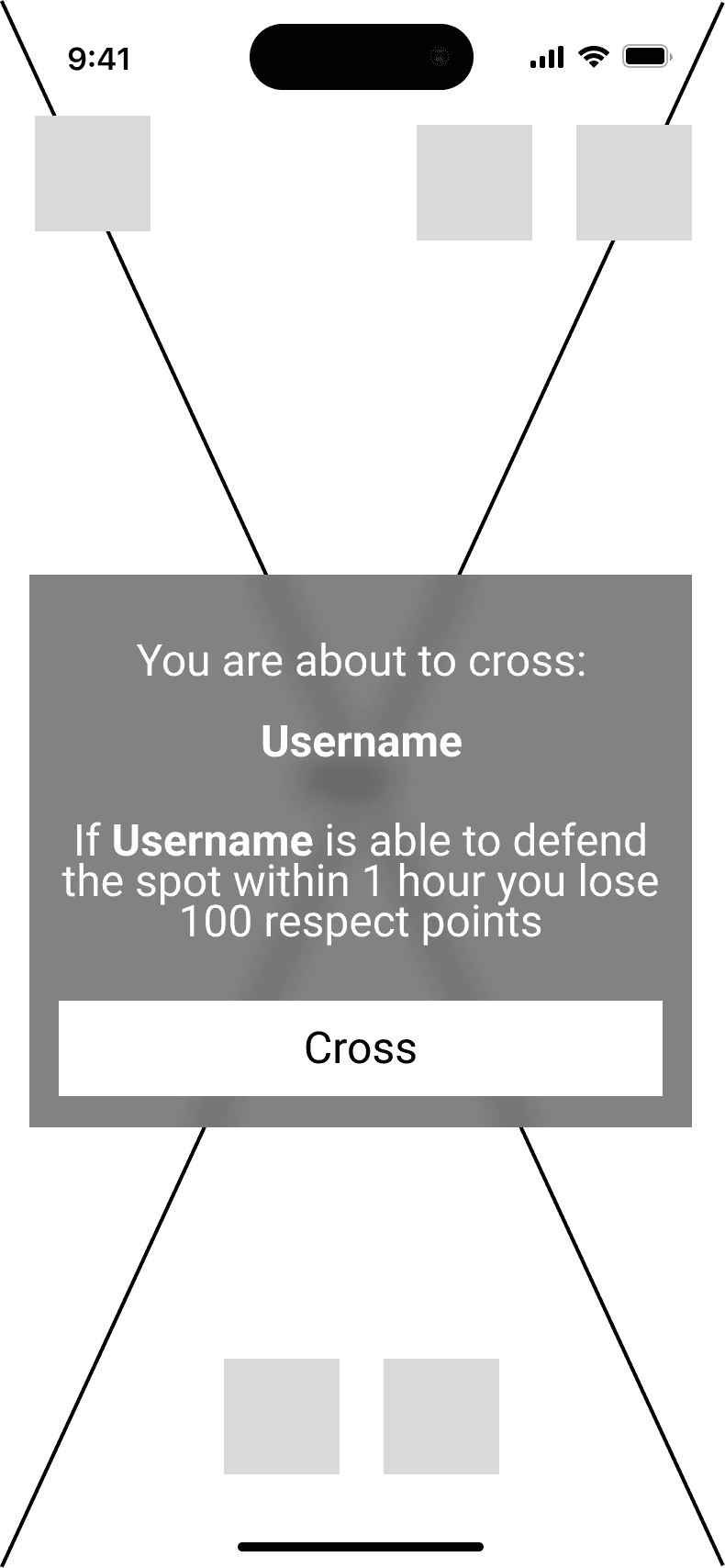 Wireframe of the crossing dialog: You are about to cross Username. If Username is able to defend the spot within 1 hour you lose 100 respect points. Below it a button reading Cross.