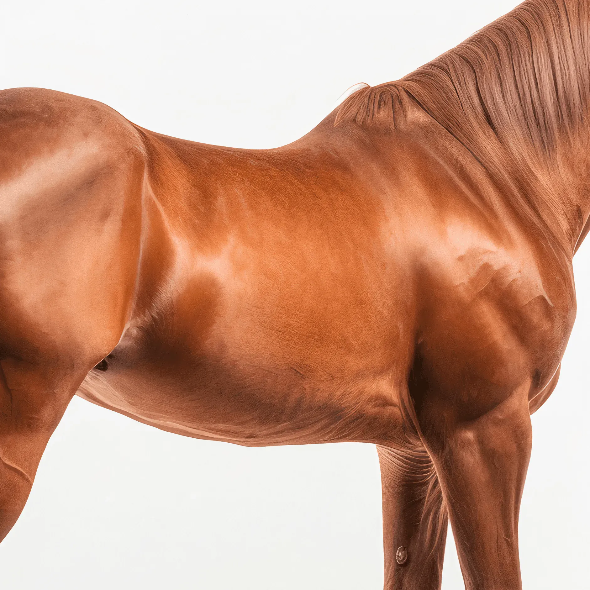 Side view of a chestnut horse's back, from the withers to the croup, on a white ground.