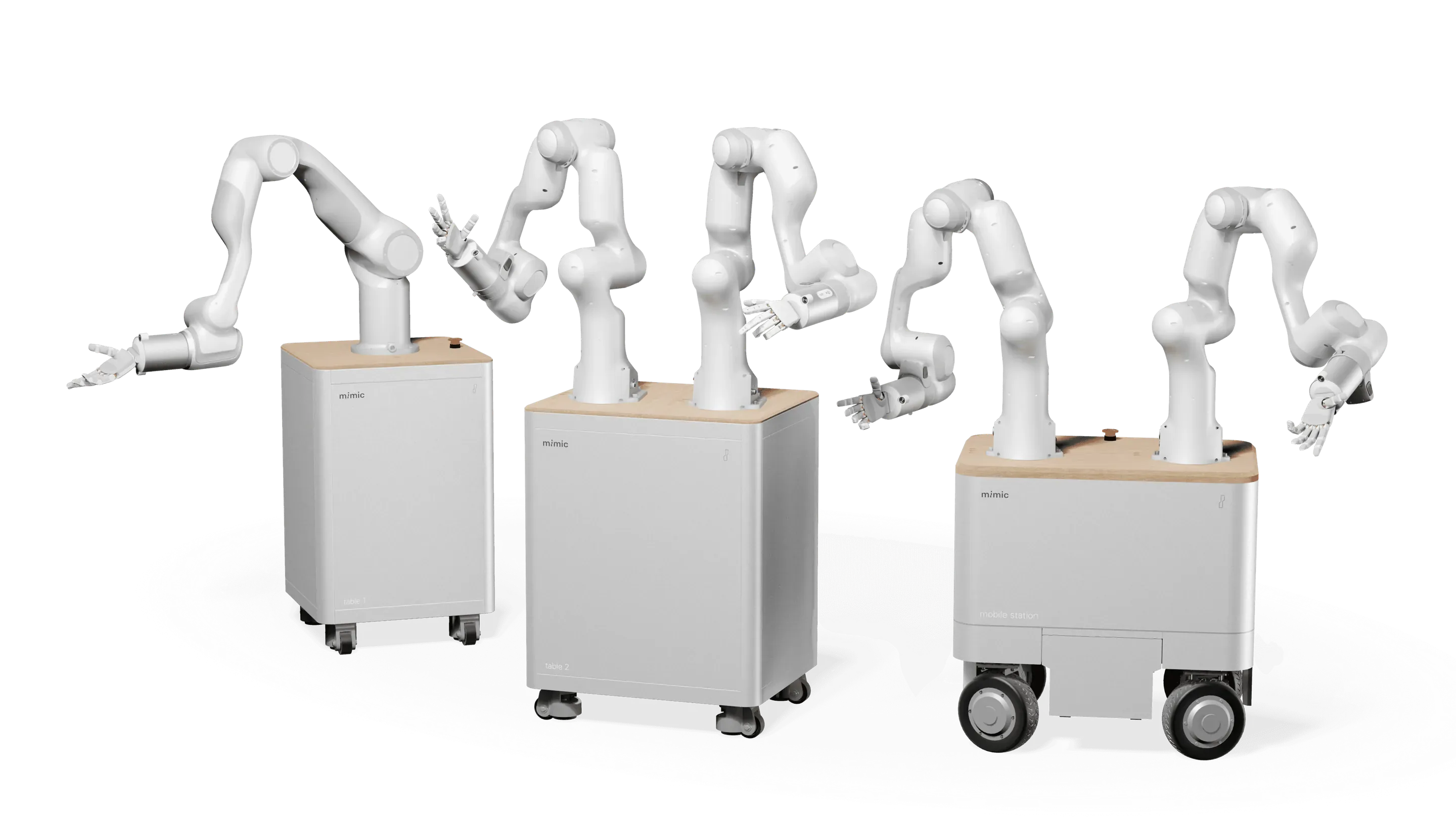 Render of three white robot stations side by side: cabinets with a pale wooden top carrying one or two white robot arms with robotic hands. The station at the right stands on a wheeled base.