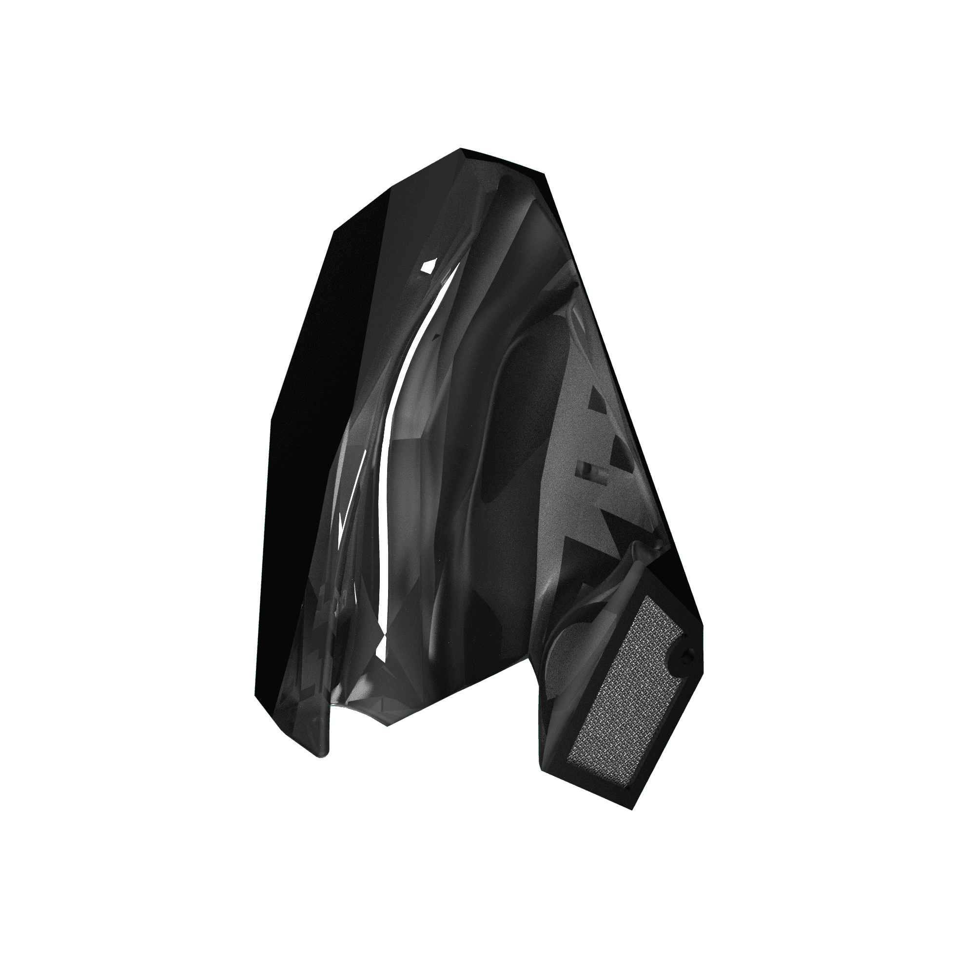 3D model of the Phonic AR earbud: a black faceted body with a white light line down the front and a perforated speaker panel at the lower right.