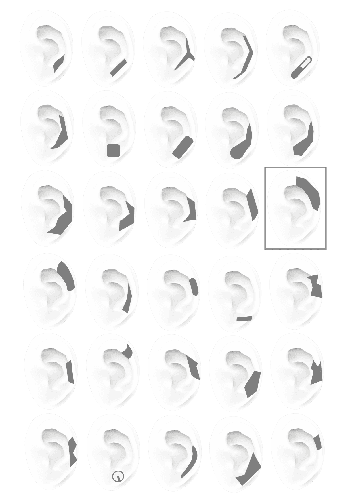 Thirty sketches of an ear in five columns and six rows, each with a different black shape placed on it as an idea for the earbud. One sketch in the third row is framed.