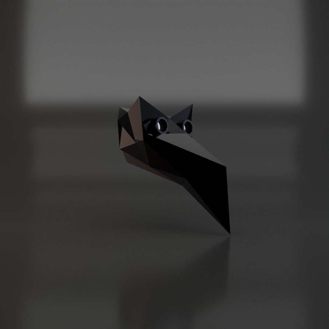 3D render of a black low poly mask with a long beak on a dark reflective surface.
