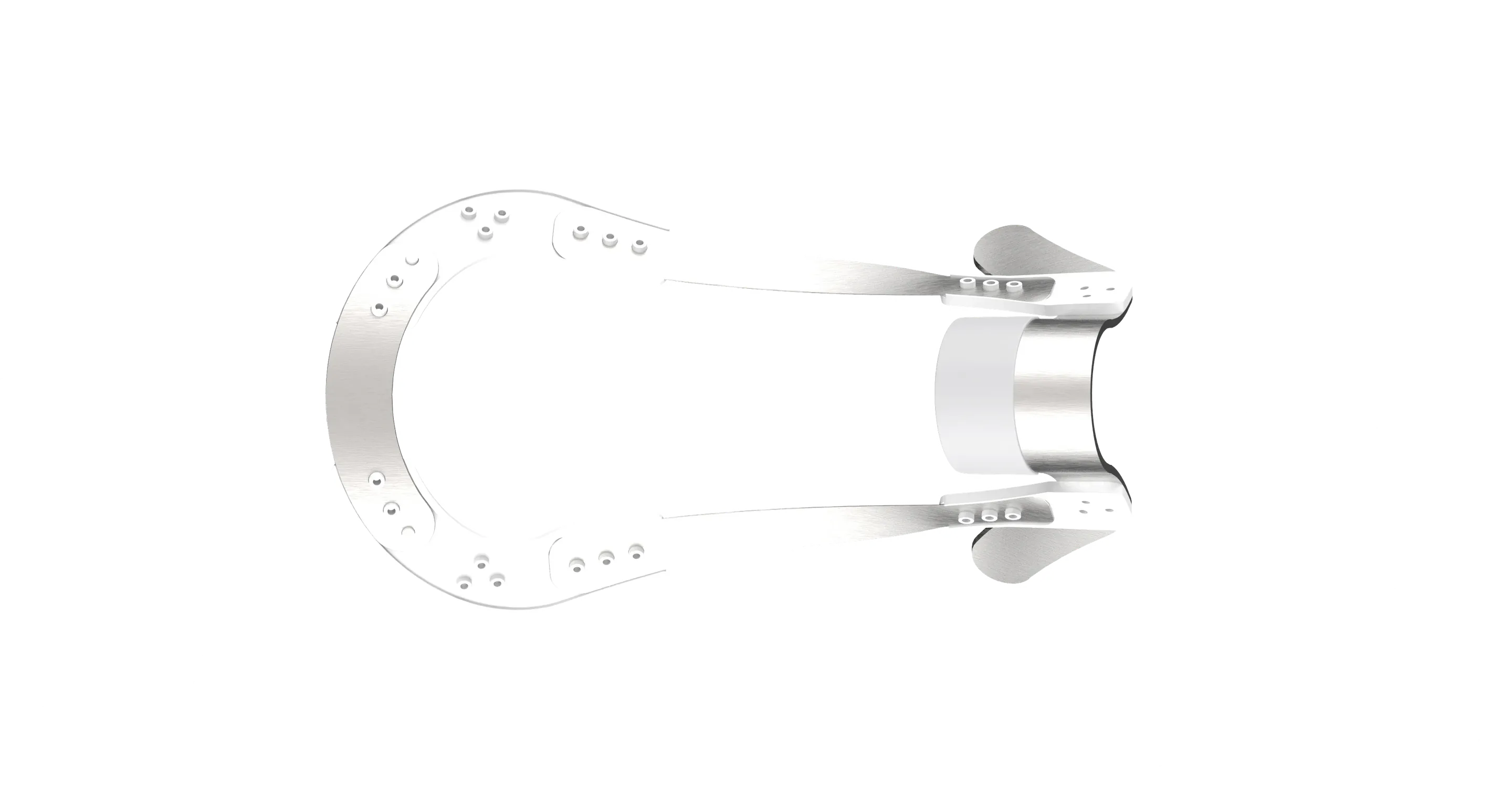 Render of the FlexTree from above: two long metal struts join a rounded rear arc to the gullet at the front.
