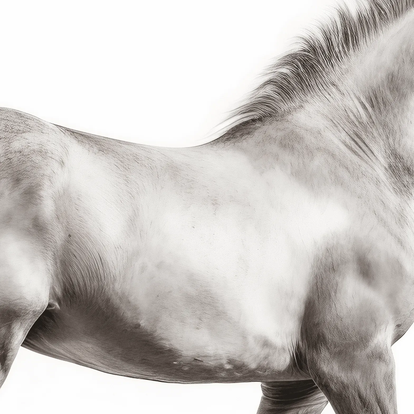 Side view of a white grey horse's back and mane on a white ground.