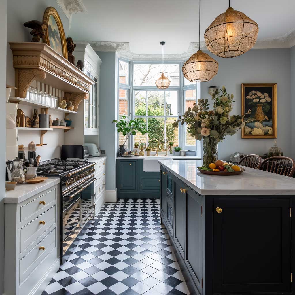 Moodboard reference: a classic kitchen with a black and white checkered floor, a dark kitchen island, pale cabinets, woven pendant lamps and a bay window.