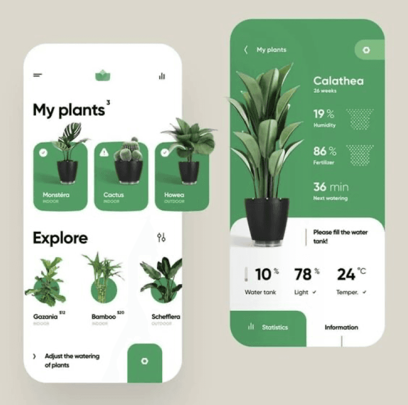Moodboard reference: two screens of a plant care app in green and white, one titled My plants with an Explore row, one showing a Calathea with values for humidity, fertilizer and watering.