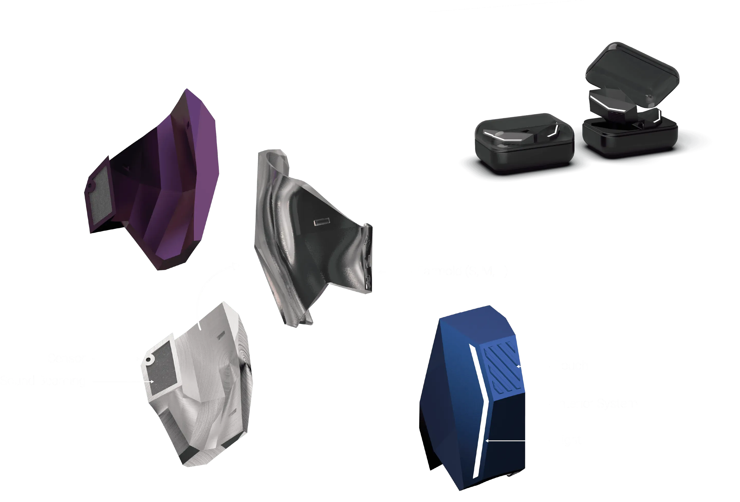 Renders of the earbud parts on black: a purple faceted body, a clear earmold labelled Earmold (S, M, L), a silver inner part labelled Sensor and Sound Beaming, a blue body with a white light line labelled Touch, Interior System and Light, and two black charging cases, one of them open.