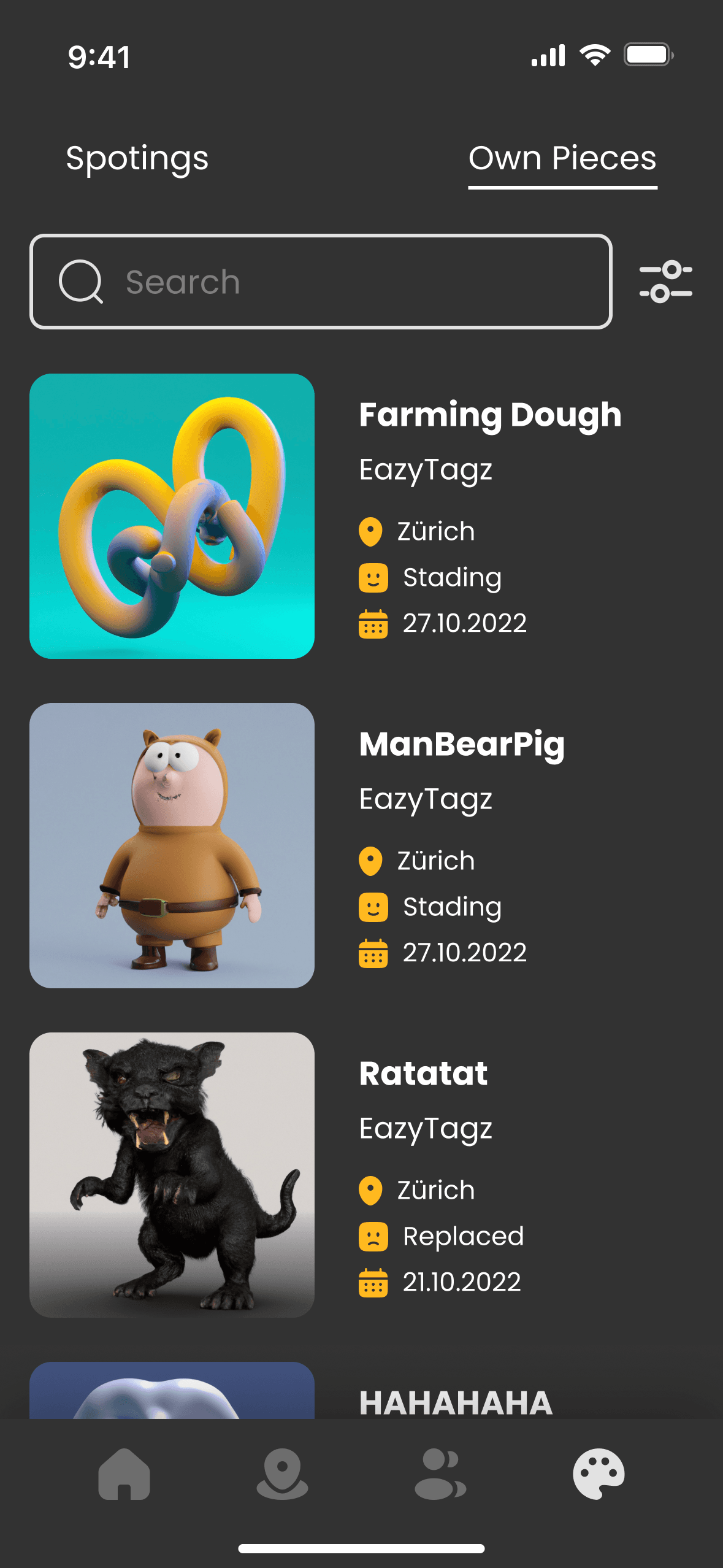 Collection screen, tab Own Pieces: a list with Farming Dough, ManBearPig and Ratatat, each with artist EazyTagz, Zürich, a status and a date.