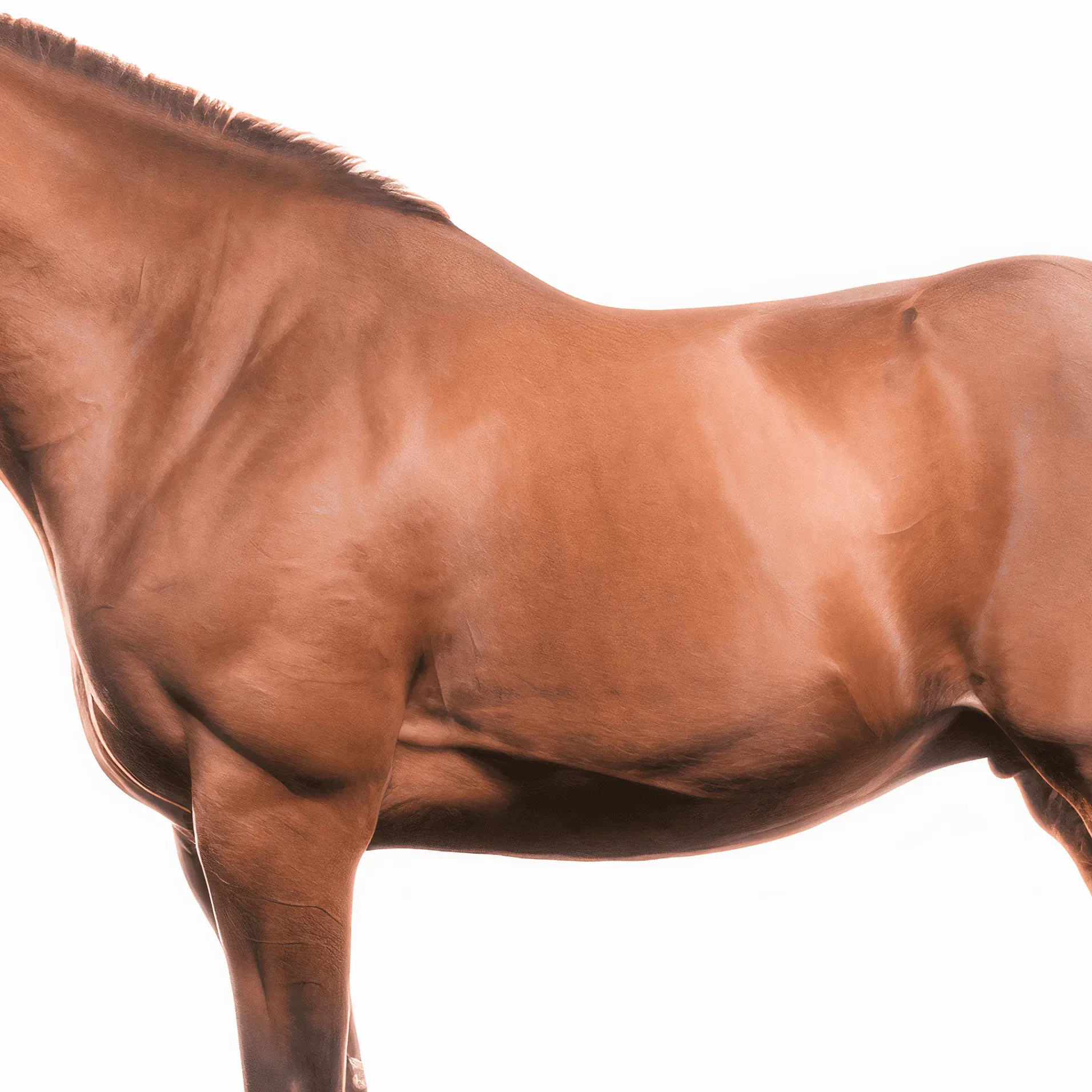 Side view of a chestnut horse's back with a short mane on a white ground.