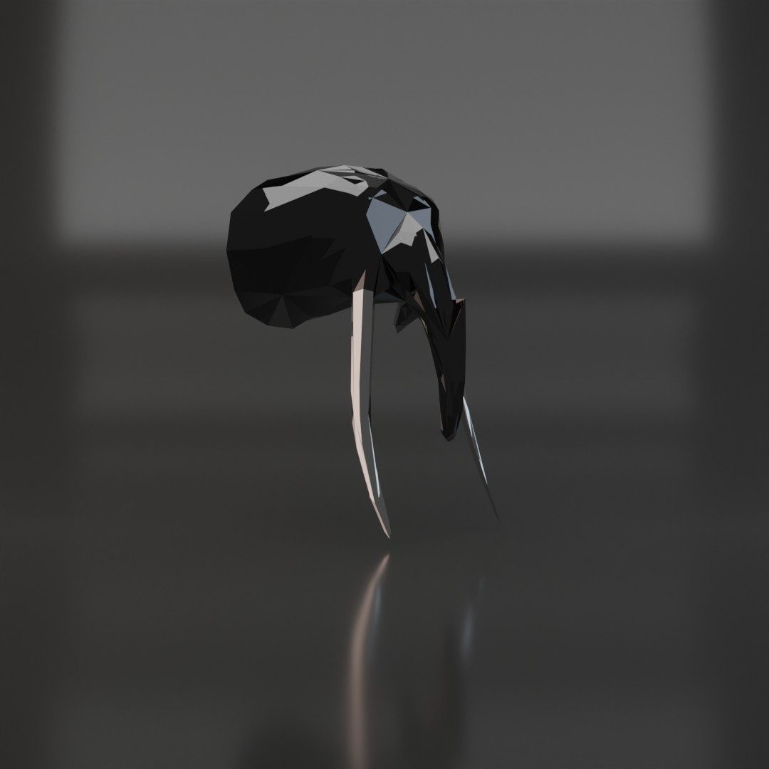 3D render of a black low poly elephant mask with two long tusks on a dark reflective surface.