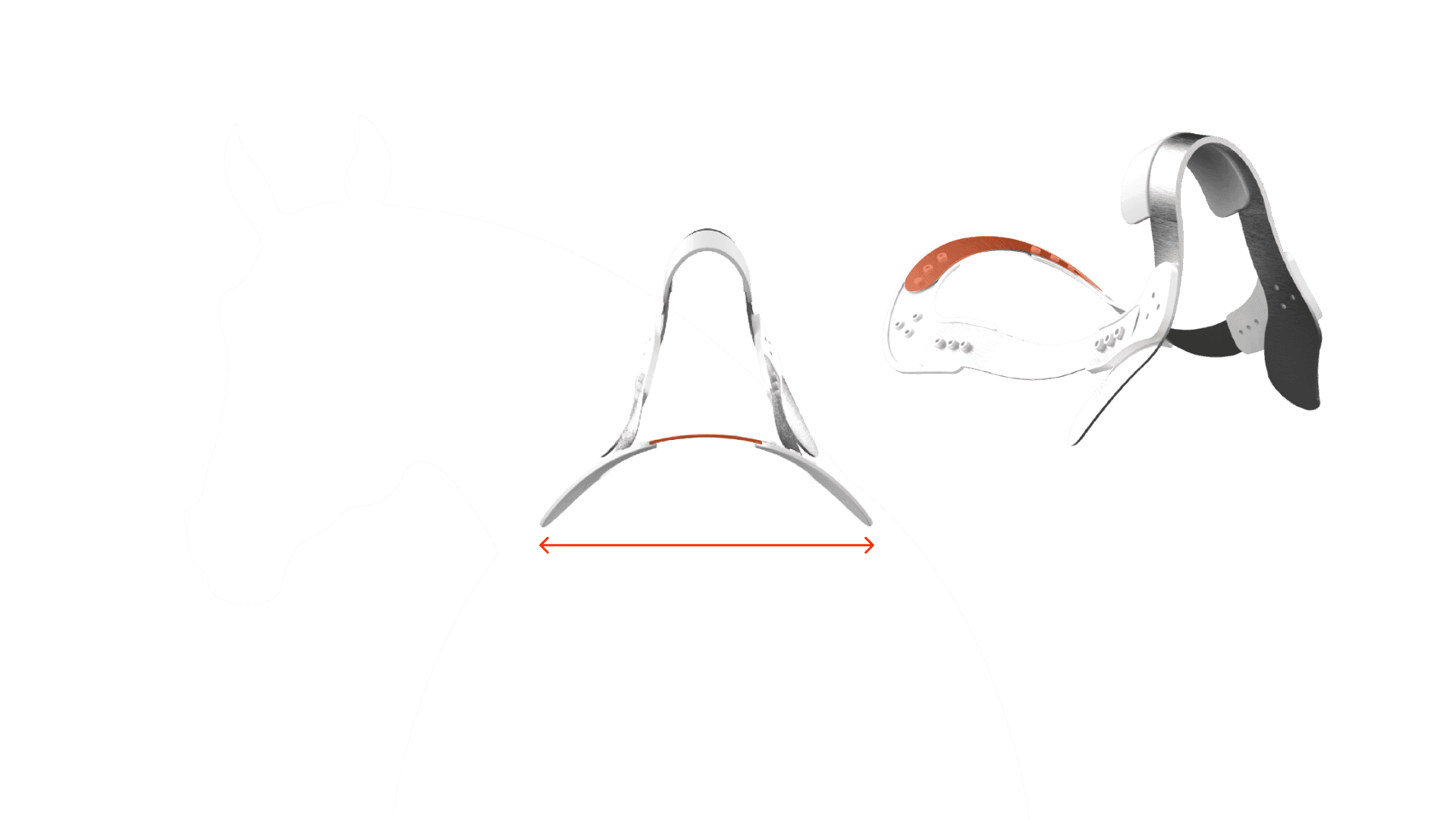 Diagram: a white horse silhouette seen from the front with the FlexTree arch over it and an arrow marking the width. Beside it the tree is shown again with the back struts in orange.