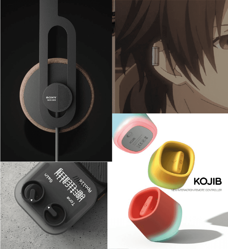 Moodboard reference: a black on-ear headphone with a cork ring, an animation still of a character with a small device on the ear, a grey case with two rotary controls, and three soft square controllers in pink, yellow and red labelled Kojib.