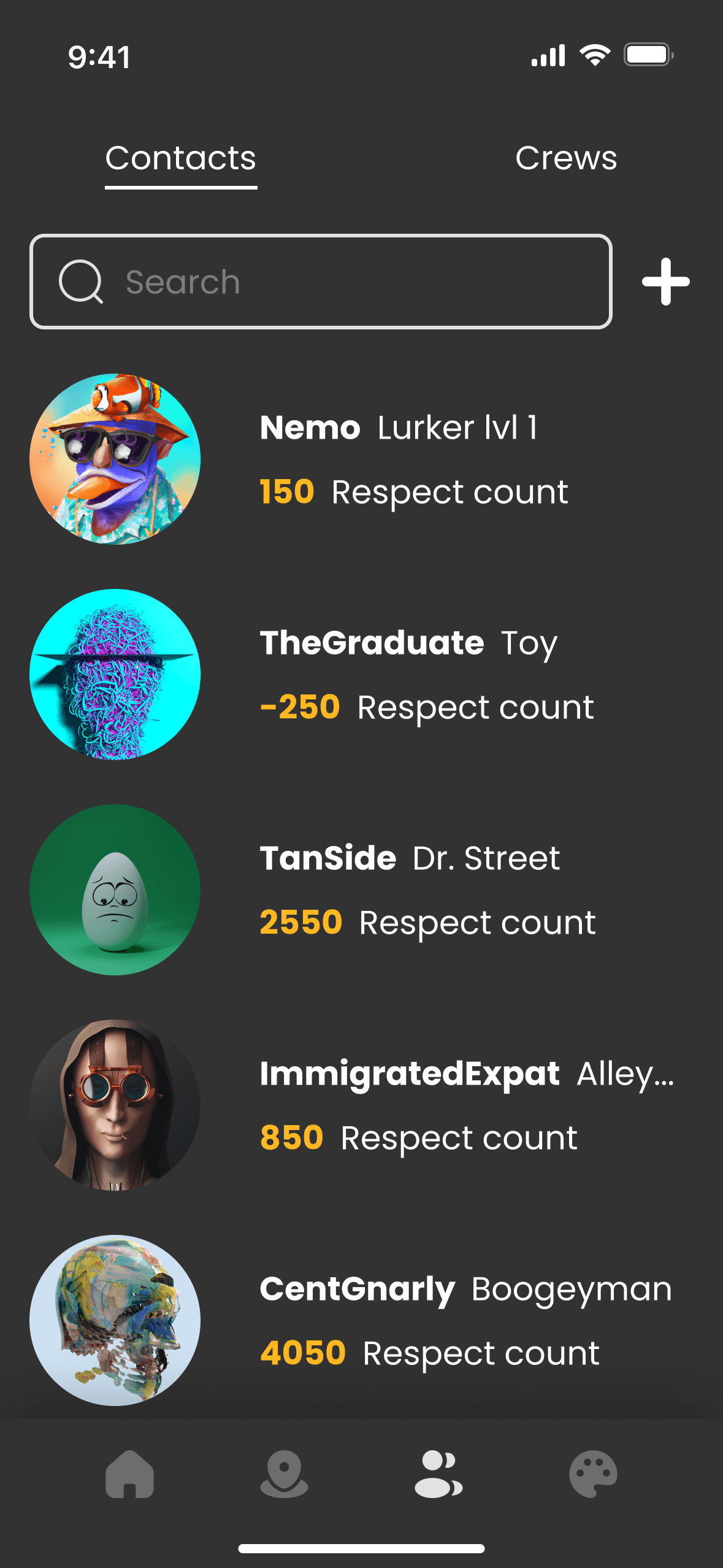 Contacts screen, tab Contacts: a search field and a list of artists with avatar, name, title and respect count, among them Nemo, TheGraduate, TanSide, ImmigratedExpat and CentGnarly.