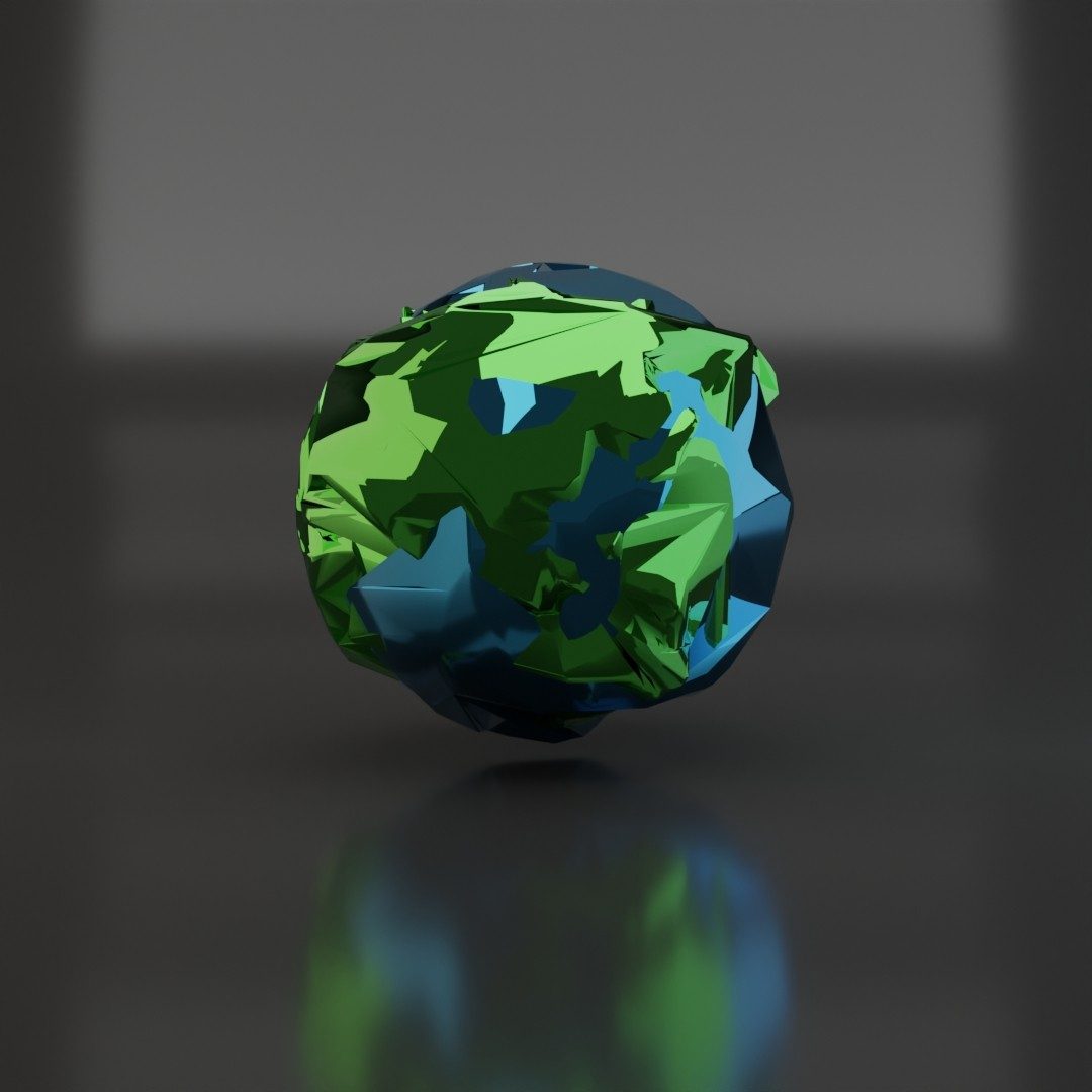 3D render of a crumpled low poly globe in green and blue on a dark reflective surface.