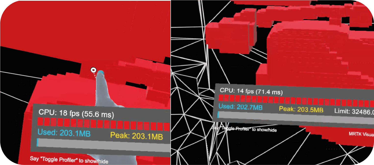 Two captures from the HoloLens 2 app: red block shapes drawn in space on black, a white mesh of the room, a hand pointer, and a profiler panel showing frames per second and memory.