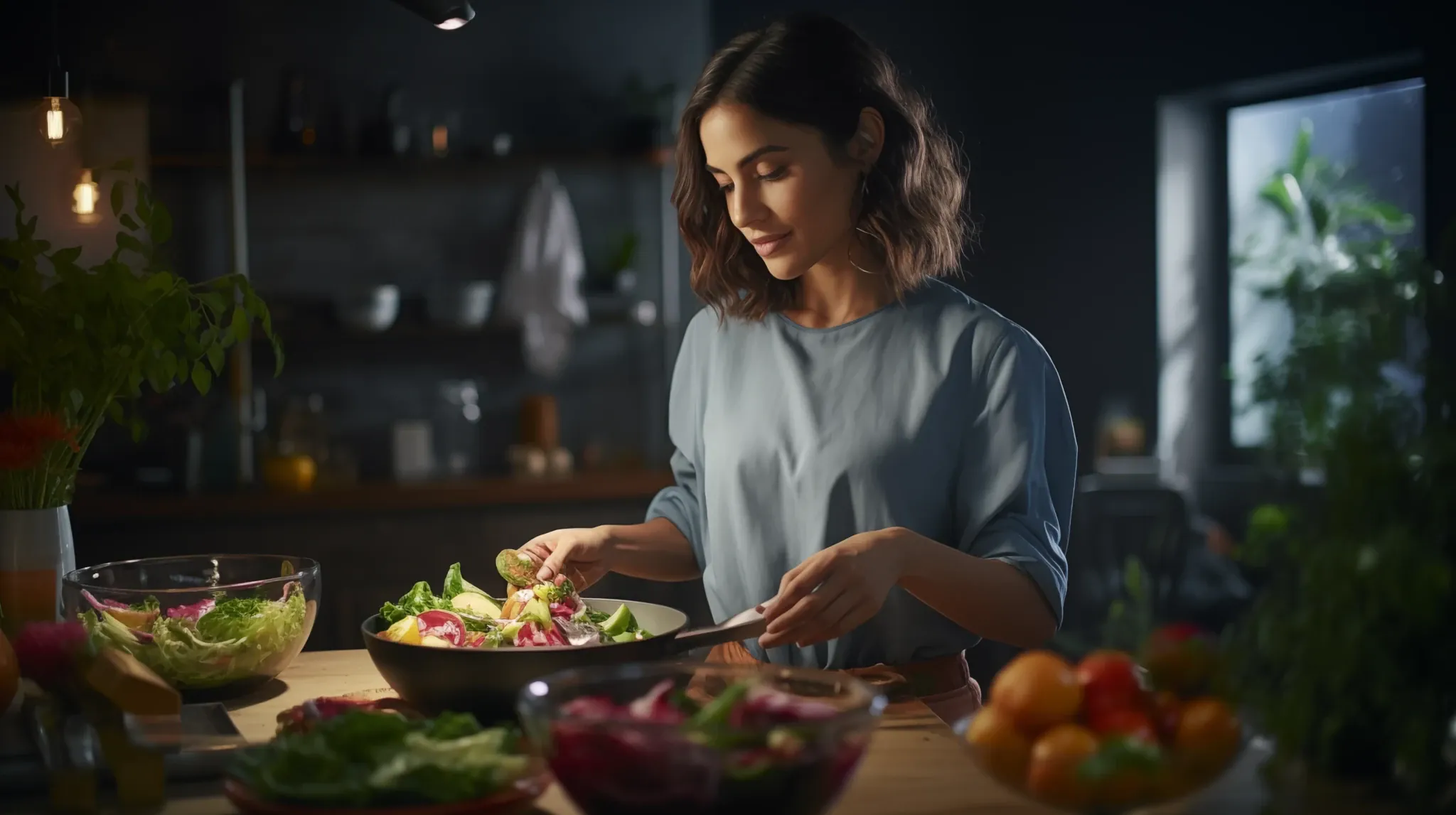 A woman in a grey blue top tosses a salad in a dark bowl in a dim kitchen, with bowls of vegetables and fruit on the counter in front of her.