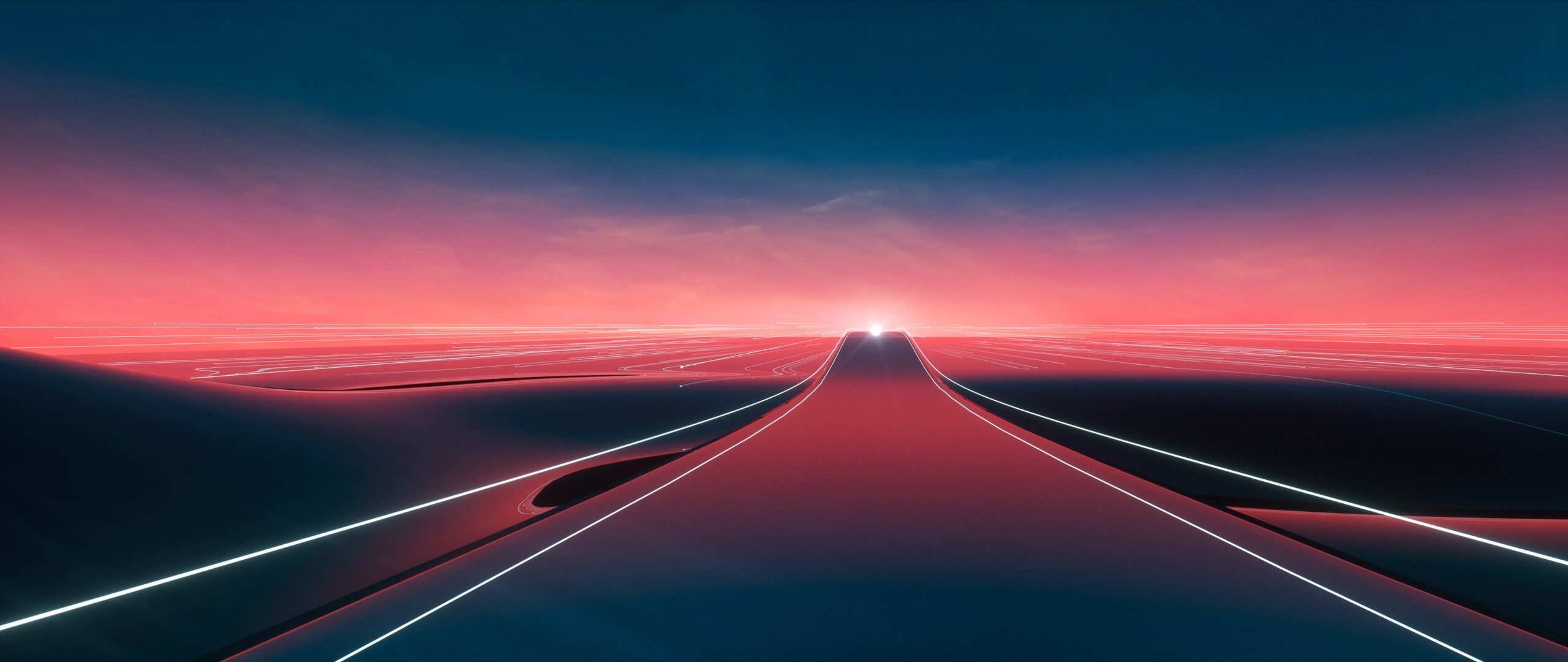 Moodboard reference: a wide road of red light with white lines runs towards a bright point on the horizon under a dark blue sky.