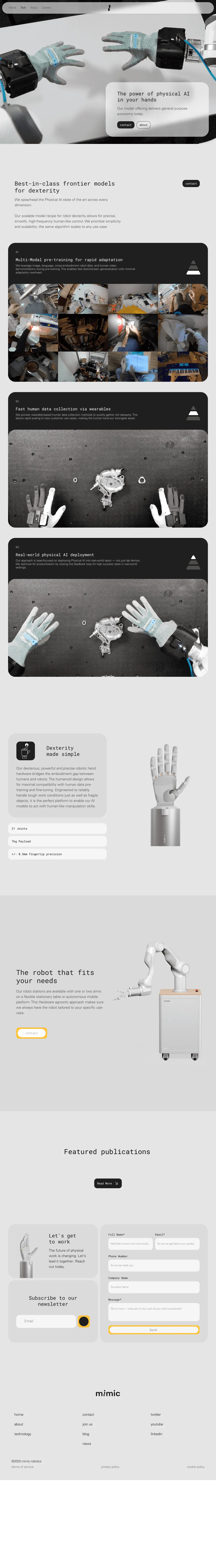 Full capture of the Tech page, many screens tall: a hero with two gloved robot hands and the line The power of physical AI in your hands, three dark cards on pre-training, data collection via wearables and deployment, a robotic hand with its specifications, a robot station beside The robot that fits your needs, featured publications, a contact form and the footer.