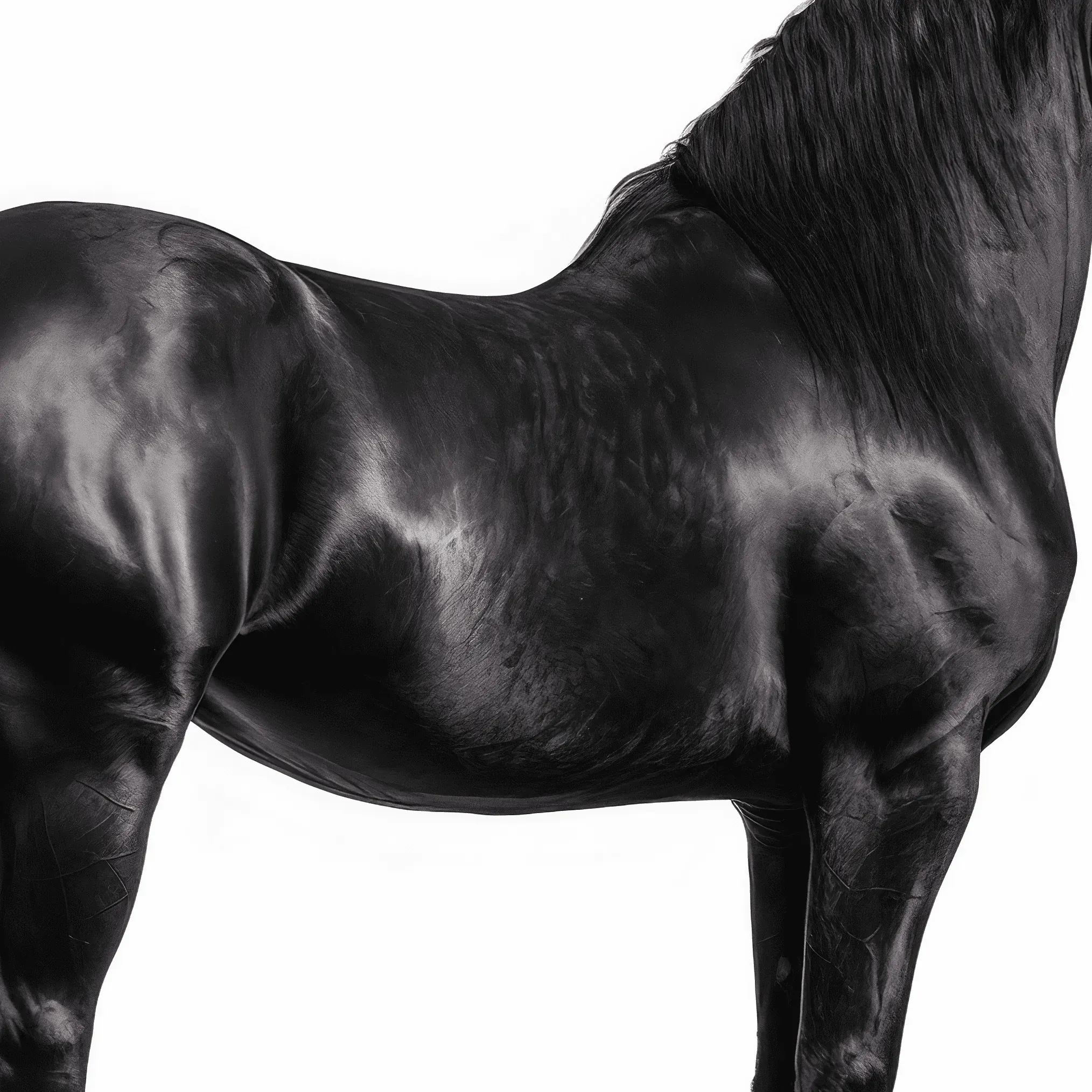 Side view of a black horse's back with a long mane on a white ground.