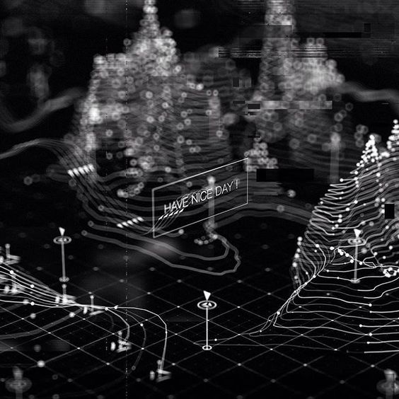Moodboard reference: a black and white landscape built from dots and contour lines, with small map pins and a label reading Have nice day.