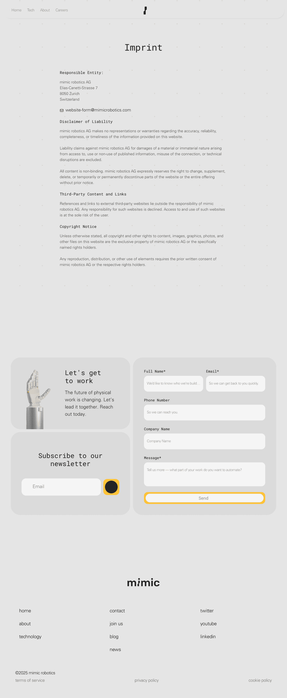 Capture of the Imprint page: the heading Imprint above several paragraphs of small legal text, then the contact form, the newsletter field and the footer.