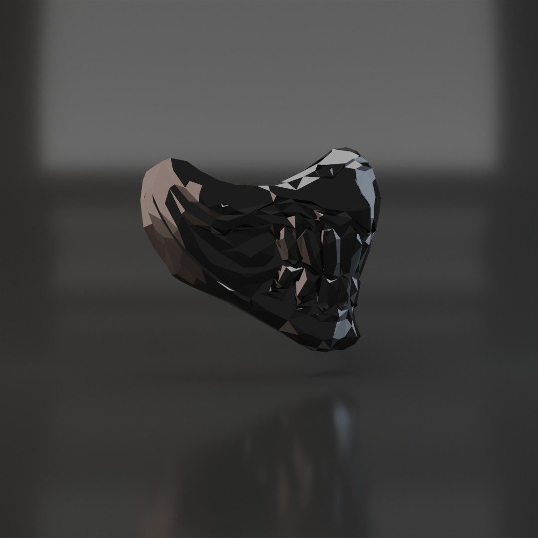 3D render of a black faceted mask for mouth and nose on a dark reflective surface.