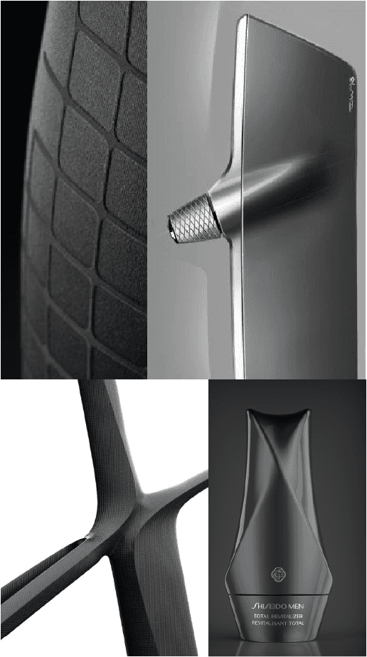Moodboard reference: four product details in black and grey, a ribbed tyre surface, a brushed metal part with a knurled tip, a branching black frame and a faceted dark bottle.