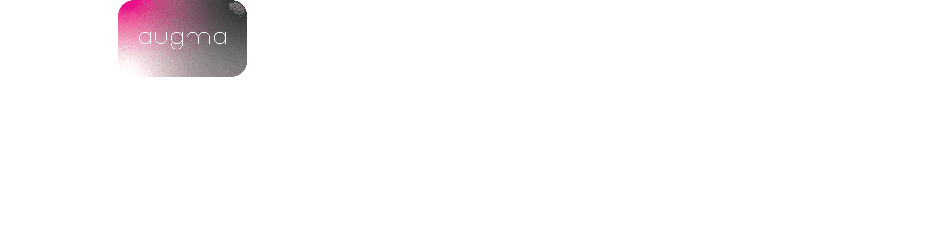 Road map as a timeline with an arrow to the right, in white type. Above the line: Logo, with the augma wordmark on a rounded square in the magenta to grey gradient. Project Presentation. App Development: developing an in-house AR app to store and display all Augma accessories. Community Building: every Augma holder is going to be able to work with us on further iterations, every contribution is going to be credited and creators will get paid in royalties. Below the line: Concept Development. Web / App in Figma. Web Development: created in Webflow. Partners: by partnering with Metaverse companies we will make our NFTs interoperable between different platforms.