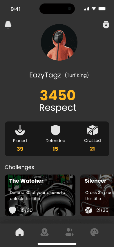 Home screen of the Visible app, dark grey: a round avatar, the name EazyTagz with the title Turf King, 3450 Respect in yellow, counters for Placed 39, Defended 15 and Crossed 21, two challenge cards named The Watcher and Silencer, and a tab bar with four icons.