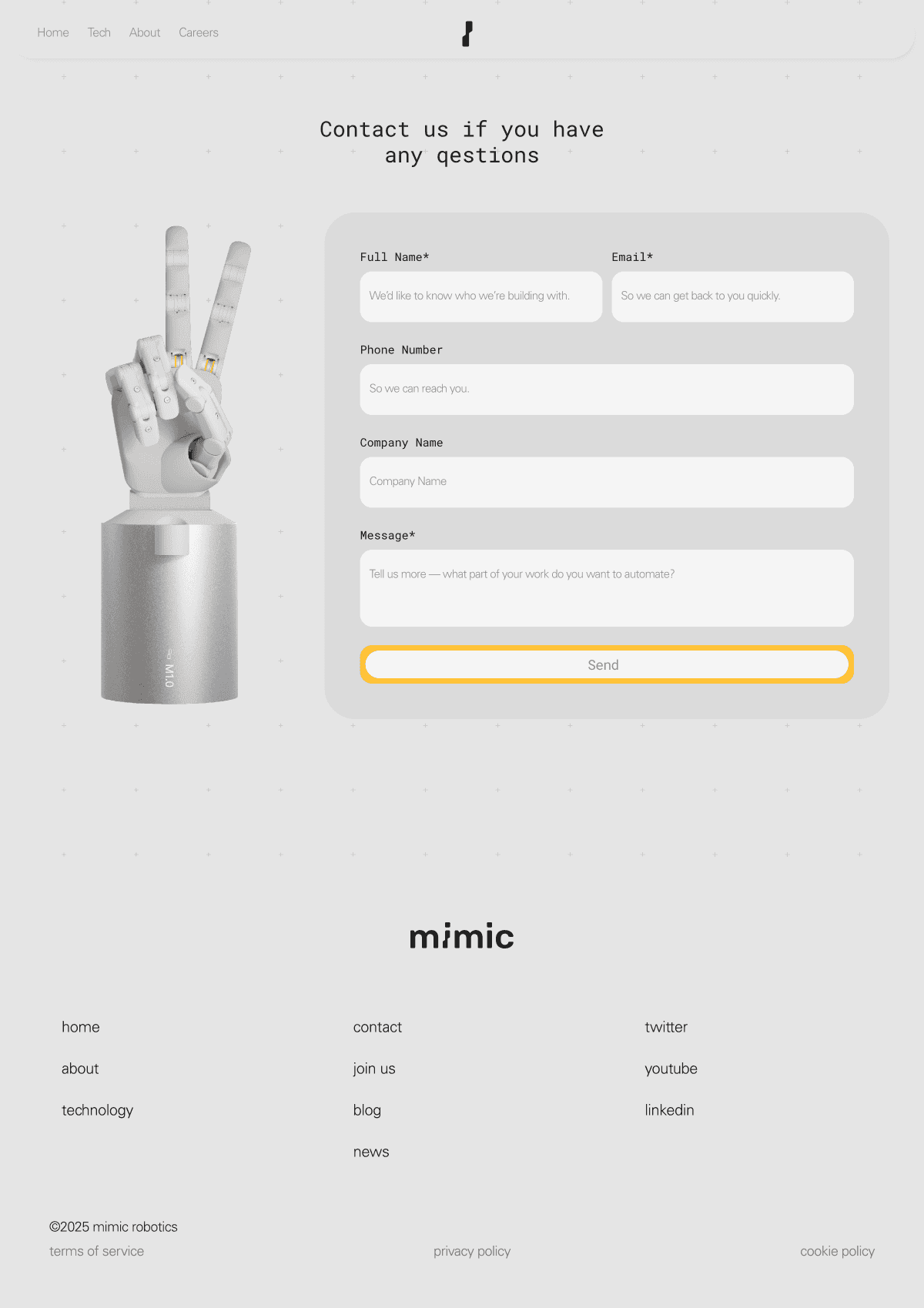 Capture of the Contact page: the heading Contact us if you have any qestions, a robotic hand making a V sign beside a form with a yellow outlined Send button, and the footer with the mimic wordmark and link columns.