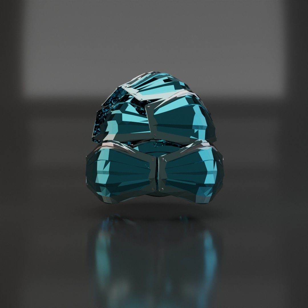 3D render of a stack of teal glass face masks on a dark reflective surface.