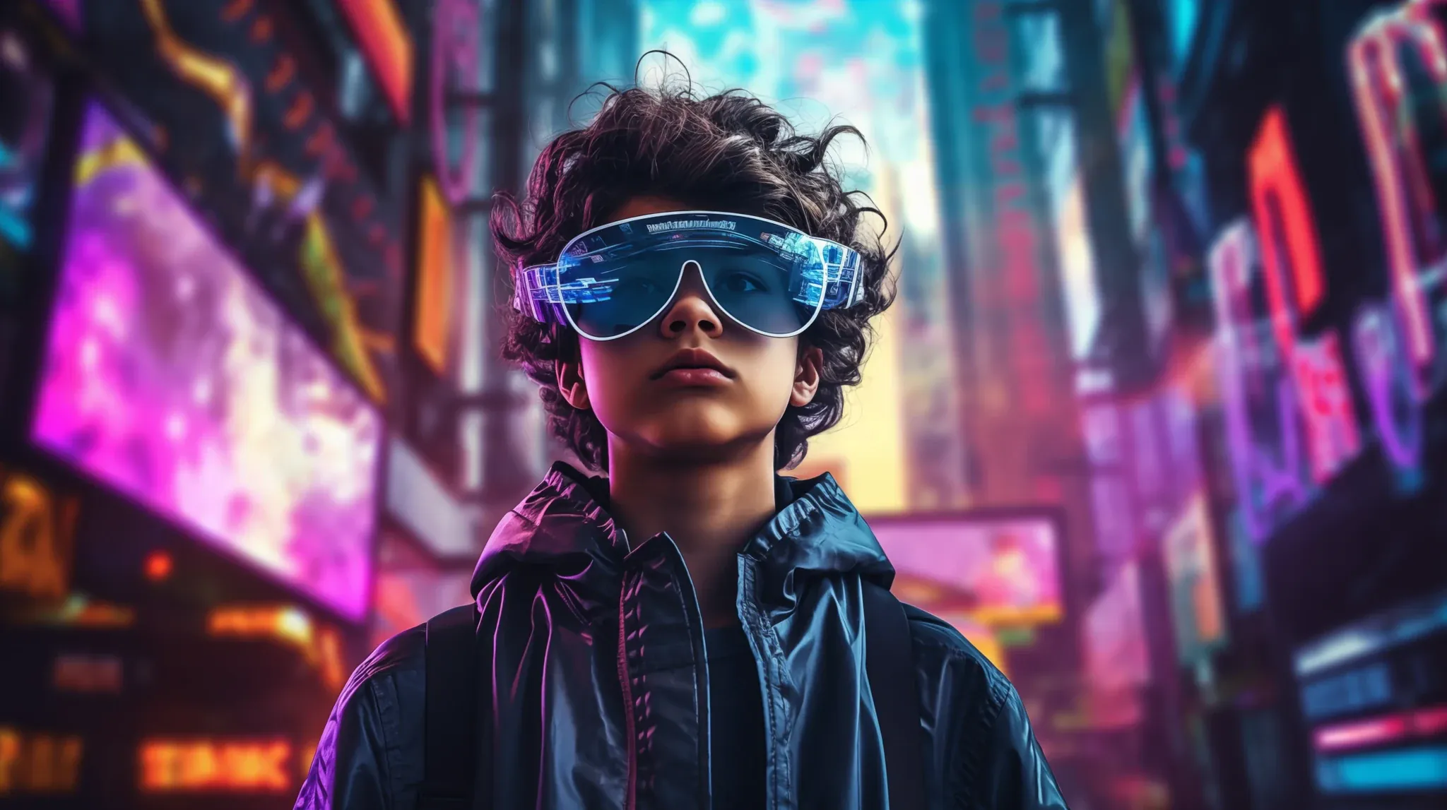 Portrait for the persona Miles Jackson: a boy with curly hair wearing glowing blue AR goggles, in a street lit by pink and blue neon signs.