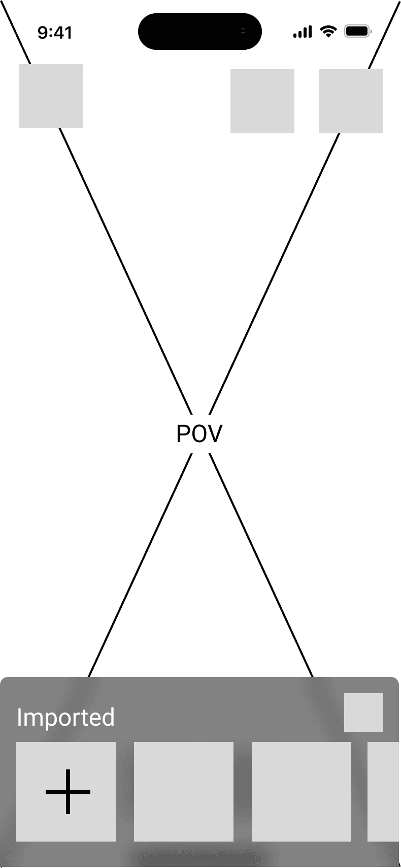 Wireframe of the AR view: a crossed box labelled POV fills the screen, with a tray named Imported and a plus tile at the bottom.
