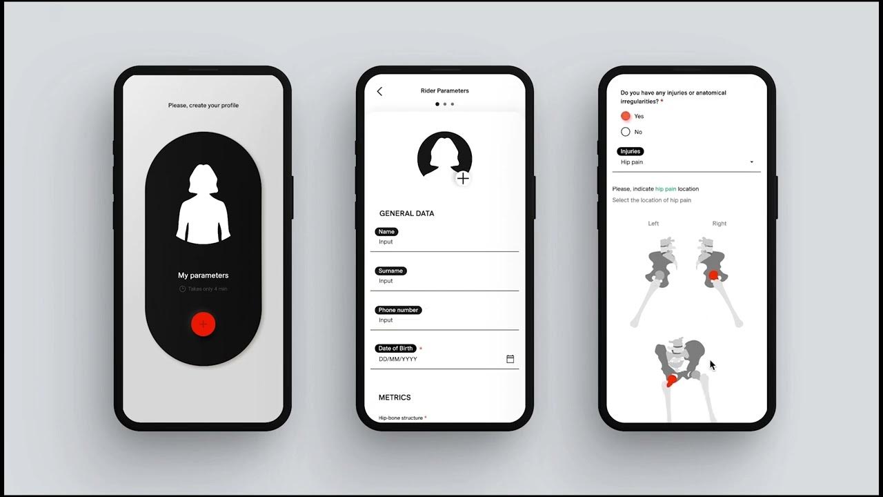 Film still, three phone screens: a create your profile screen with My parameters and a red plus button, a Rider Parameters form with name, surname, phone number and date of birth, and a question on injuries with a hip marked in red on a pelvis drawing.