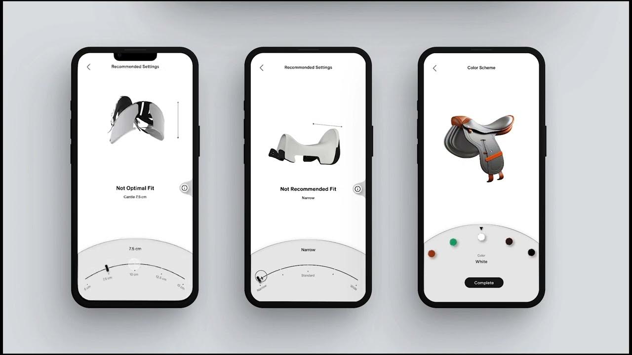 Film still, three phone screens: Recommended Settings with Not Optimal Fit, Cantle 7.5 cm on a curved scale, Recommended Settings with Not Recommended Fit, Narrow, and a Color Scheme screen with a grey and tan saddle and five colour dots.