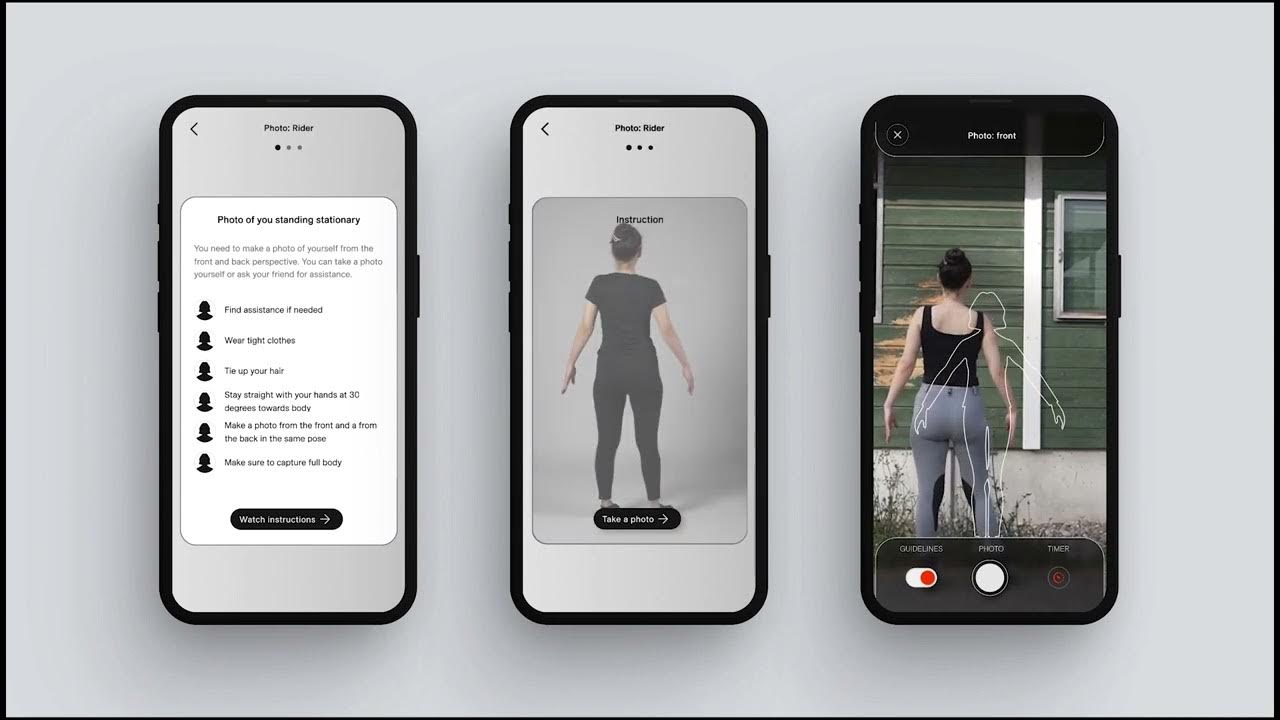 Film still, three phone screens: instructions for a photo of the rider standing stationary with a Watch instructions button, an instruction picture of a woman seen from behind with a Take a photo button, and a camera view with a white body outline over a woman.