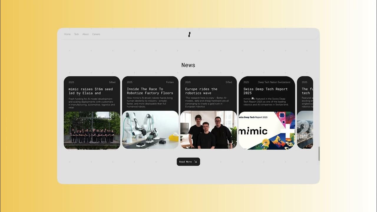 Still from the film on YouTube: the Mimic Robotics website in a rounded browser frame on a yellow gradient. It shows the News section with dark article cards and a Read More button.