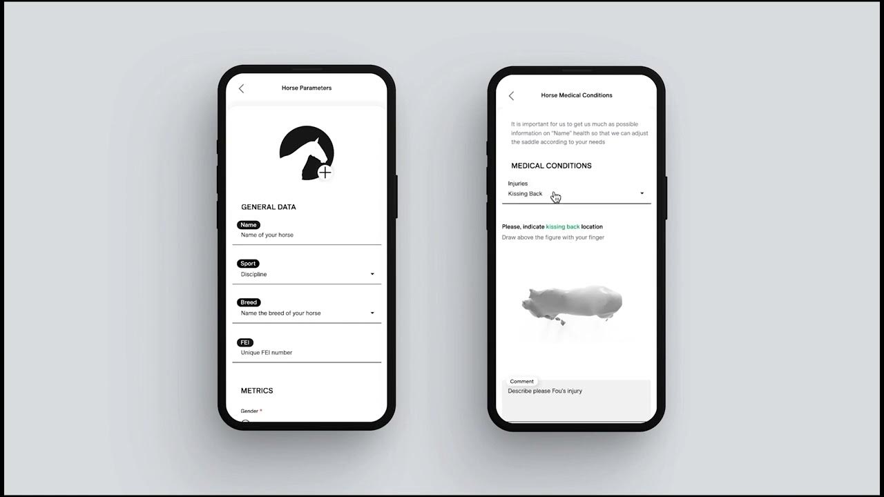 Film still, two phone screens: a Horse Parameters form with name, sport, breed and FEI number, and Horse Medical Conditions with the injury Kissing Back to be marked on a 3D horse body.