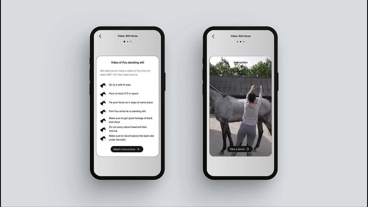 Film still, two phone screens: instructions for a video of the horse standing still with a Watch instructions button, and an instruction picture of a woman filming a grey horse from above its back.