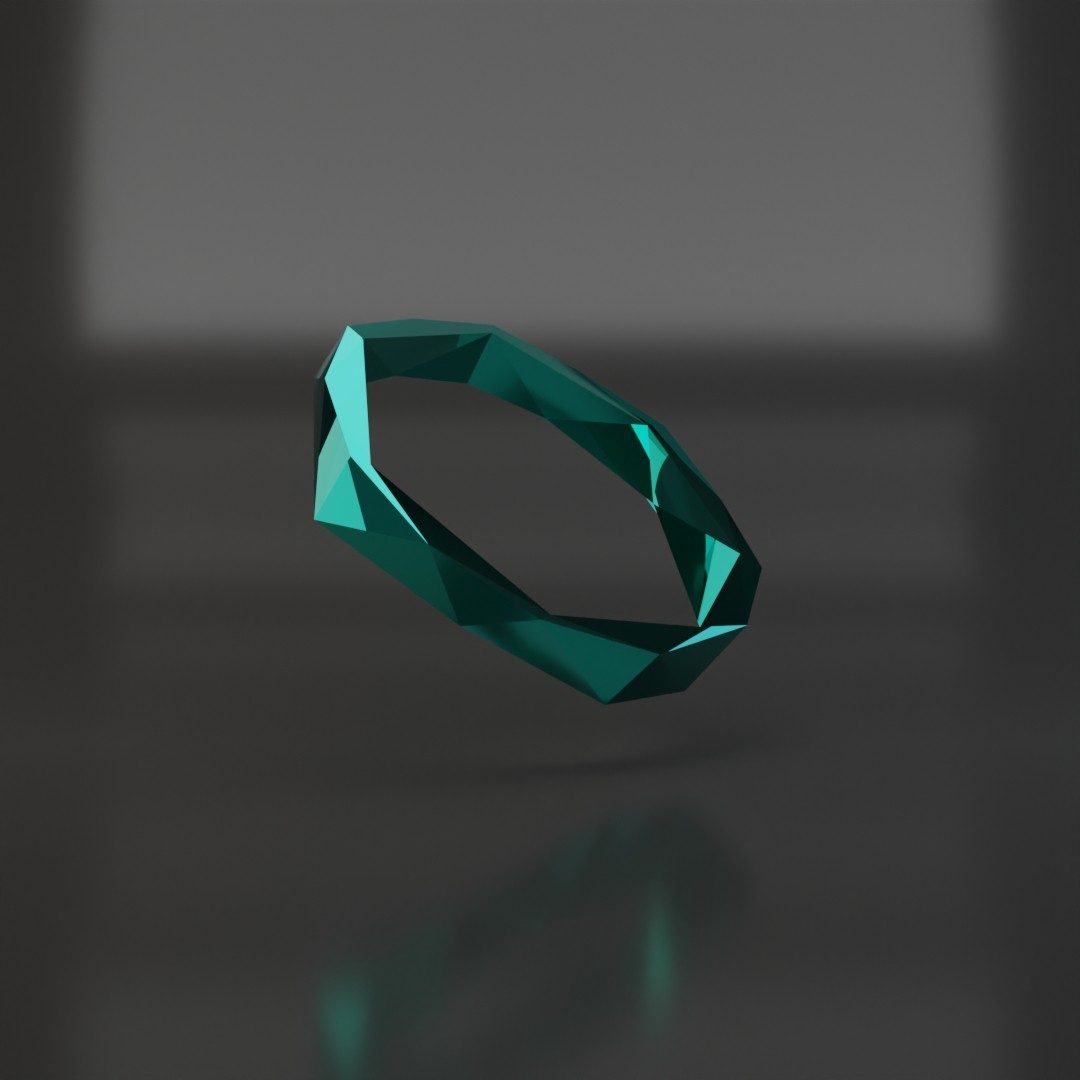 3D render of a teal faceted band on a dark reflective surface.