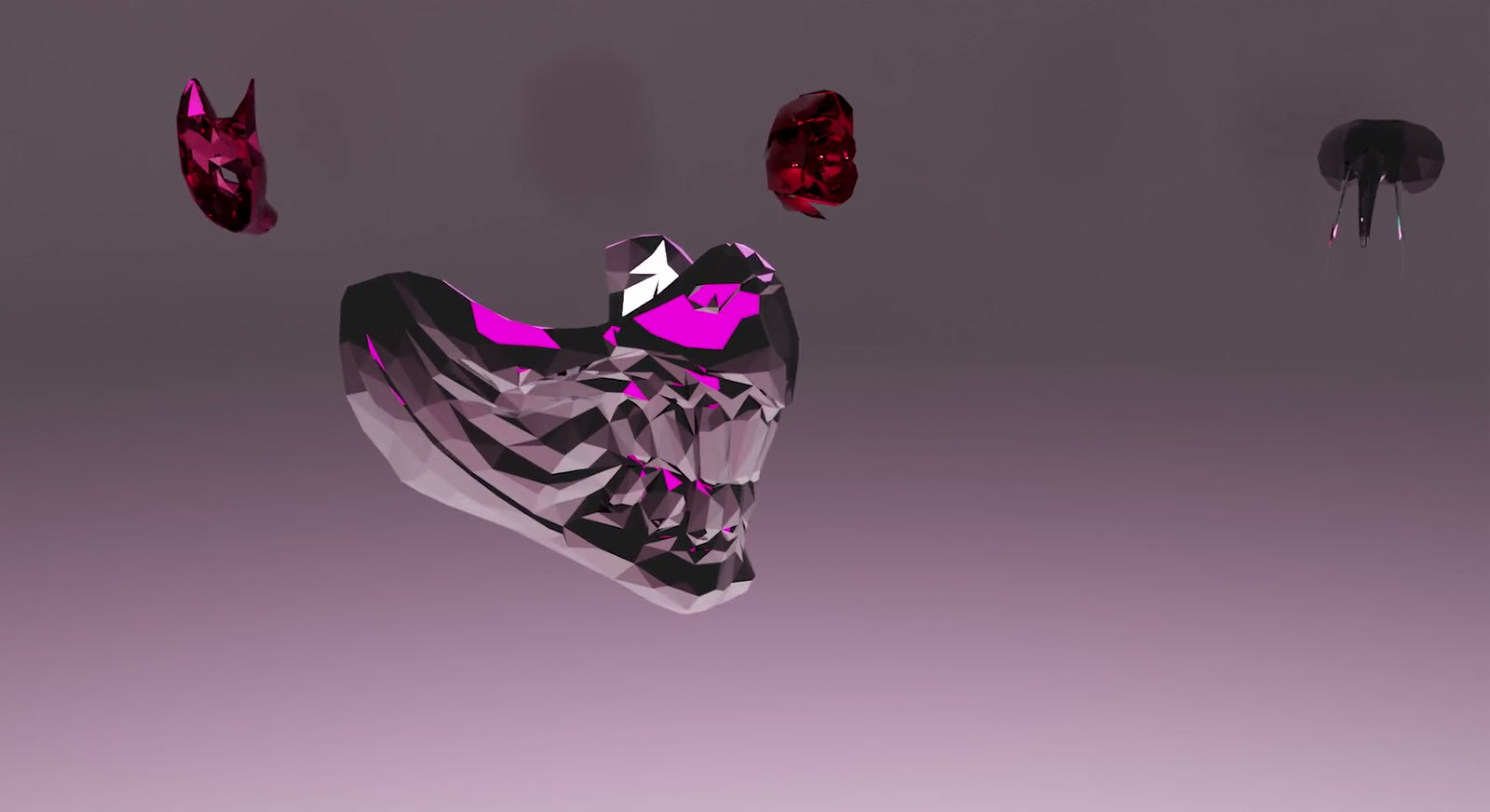 Still of the exhibition film: a grey faceted mask with magenta eyes in the middle of a mauve ground, above it a magenta mask, a red rose shape and a dark piece with two points.